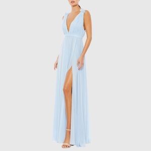 Mac Duggal Pleated Slit Baby Blue Formal Gown Maxi Dress Size 4 NWT 56047